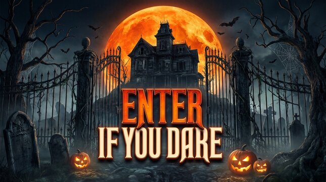 Haunted house mansion, spooky Halloween background with orange full moon and enter if you dare text, eerie graveyard cemetery scene