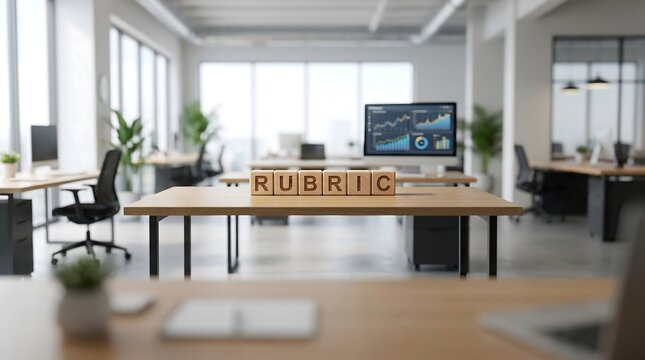 Wooden Blocks Spelling Rubric on Office Desk in Modern Workplace