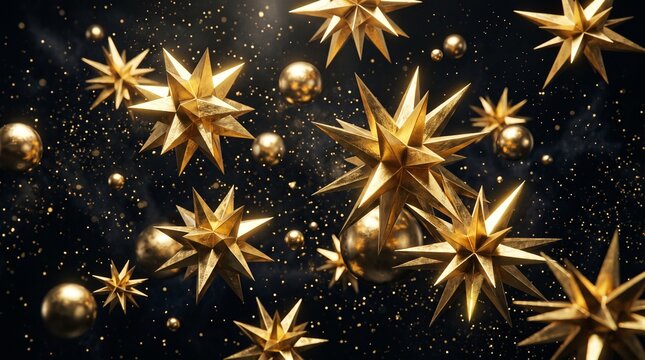 Abstract golden starbursts and bokeh lights on a dark background creating a magical effect