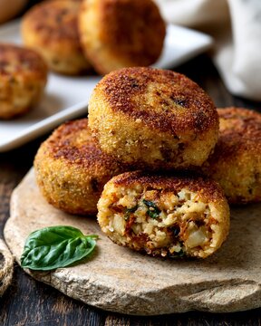 Fresh golden vegetarian patties on stone plate with organic basil herb