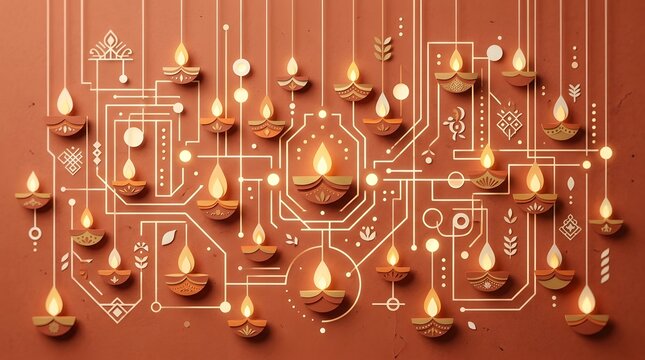 Diwali festival background with glowing traditional oil lamps and digital circuit patterns in a flat vector illustration style