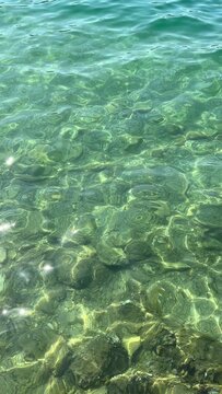 Clear tropical water surface view showing sunlight refracting through gentle ripples, perfect for vacation themes, serene moments, or spa marketing, capturing natural underwater beauty