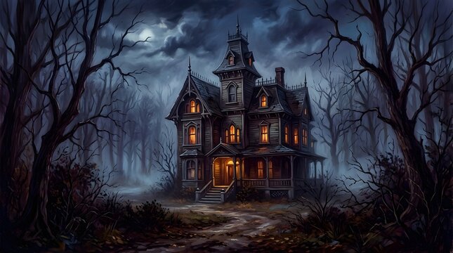 Spooky haunted mansion standing in a dark misty forest during a creepy moonlit night for halloween celebration