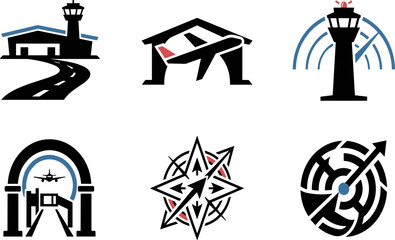 Fototapeta premium Airport Navigation and Air Traffic Control Icon Collection Featuring Runway, Radar, Aircraft, and Aviation Symbols for Transportation Vector Designs