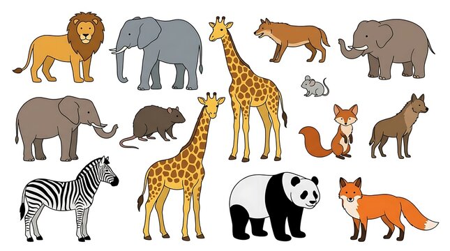 Colorful vector illustration of African safari wildlife animals set isolated on white background