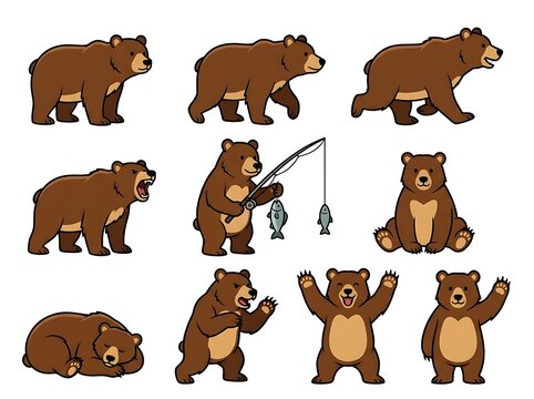 Cute cartoon brown bear vector illustrations in multiple playful poses and actions for design projects