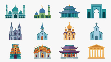 Fototapeta premium Professional Colorful Icons of Diverse Religious and Architectural Buildings Including Mosques Pagodas Churches Temples and Ancient Structures