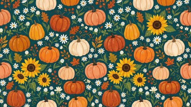 A beautiful seamless pattern featuring orange pumpkins and bright yellow sunflowers for celebrating the festive thanksgiving day in canada autumn harvest season