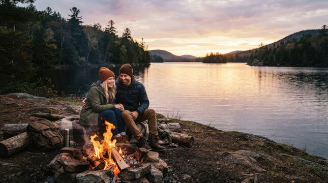 Couple enjoying a campfire by a serene lake at sunset with autumn foliage