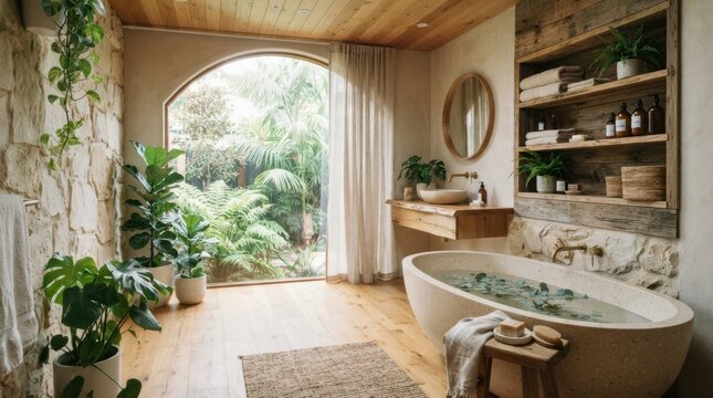 Serene bathroom oasis with natural stone, wood, and lush greenery