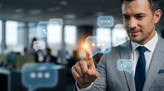 Businessman interacting with a futuristic digital chat interface, symbolizing communication and technology in business