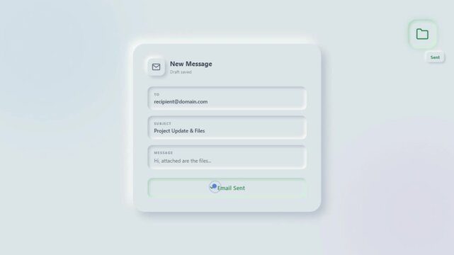 Modern Email Composition Interface Showing Recipient, Subject and Message Fields with Sending Progress and Successful Email Delivery Confirmation