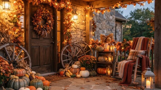 Cozy autumn porch decorated with pumpkins, gourds, and fall foliage