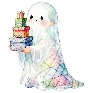 A charming, transparent ghost character, adorned with a pastel quilt-like pattern, tenderly holds a stack of brightly wrapped gift boxes, radiating a sense of gentle warmth and festive cheer.