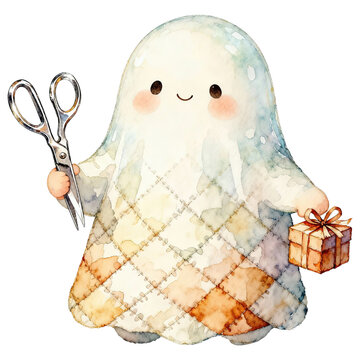 A whimsical watercolor illustration depicts a cute, friendly ghost character adorned with a patchwork-quilted pattern, holding a pair of scissors in one hand and a small gift box in the other.