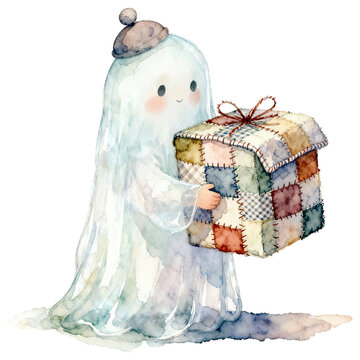 A cute, watercolor illustration of a friendly ghost holding a handmade, patchwork quilt gift box, with a small hat on its head.