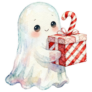 Happy Santa Claus holding wrapped gift box on white background
