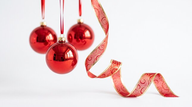 Festive red christmas ornaments and ribbon a classic holiday decoration scene for seasonal celebrations