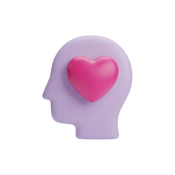 3d purple human head silhouette icon with a bright pink heart symbol showing love and positive mental health