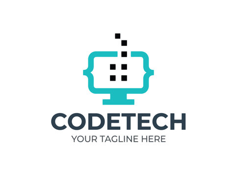 Computer monitor with code brackets and pixels logo for technology company.