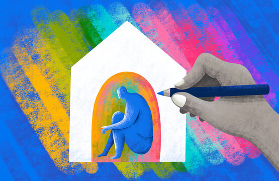 Creative process of drawing a person inside a house shape