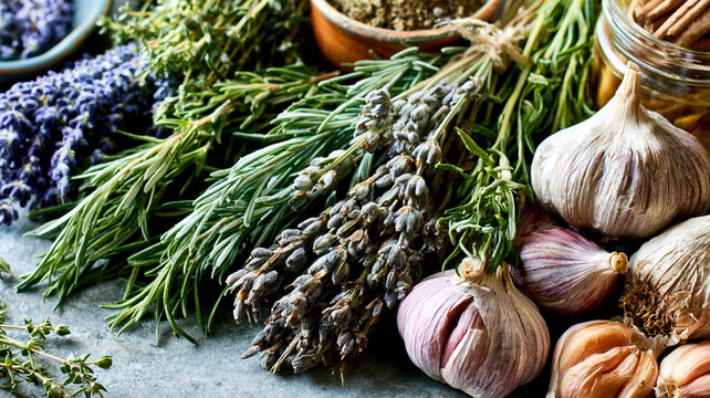 Fresh garlic bulbs and herbs on stone background with cooking ingredient