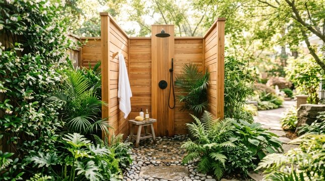 Tranquil outdoor shower surrounded by lush green plants and natural wood