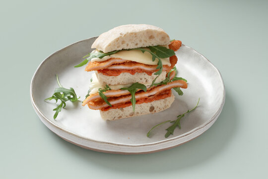 Chicken cutlet sandwich with cheese and arugula on plate