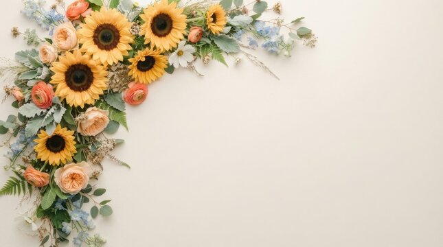 Summer floral arrangement with sunflowers, roses, and delphiniums on a cream background