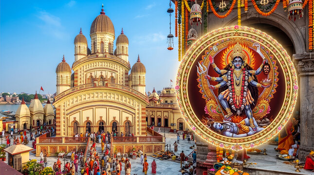 Beautiful Kalighat Temple of goddess kali at Kolkata city in India, goddess Kali in circle golden frame at side, Kali puja or Shyama puja,  Diwali, Navratri festival concept