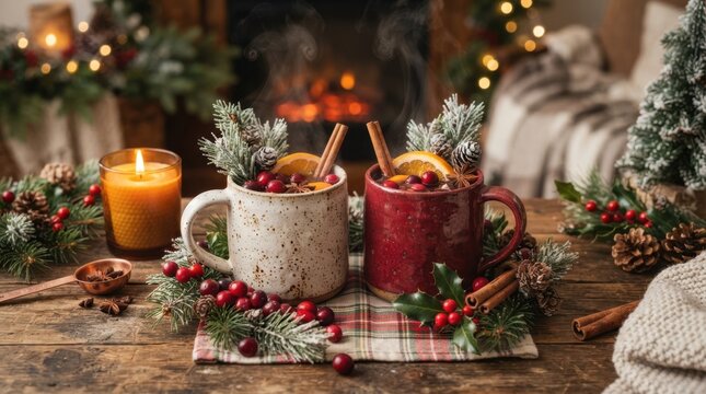 Cozy winter drinks with steaming mulled wine and festive holiday decorations