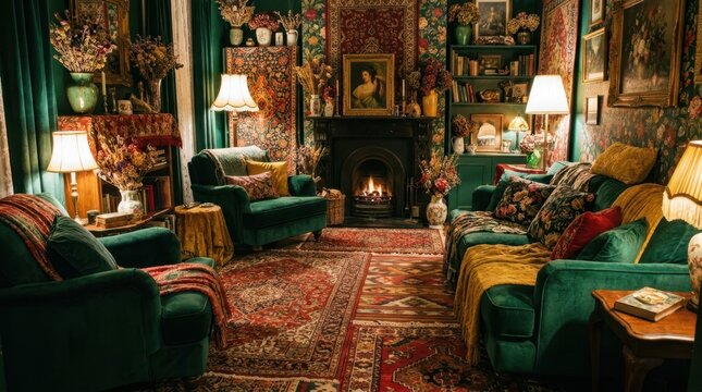 Cozy living room with plush green velvet sofas and antique rugs