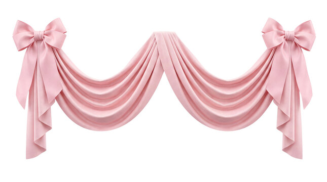 Delicate pink draped fabric with bows on a black png on isolated transparent background