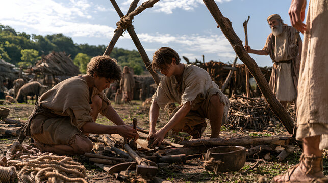 Young men working with tools in an ancient primitive village