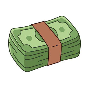 Stack of US dollar banknotes with paper band cartoon vector illustration.