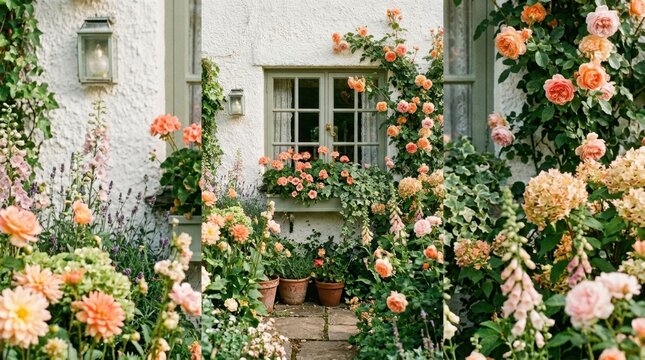 Charming cottage garden overflowing with blooming roses and hydrangeas