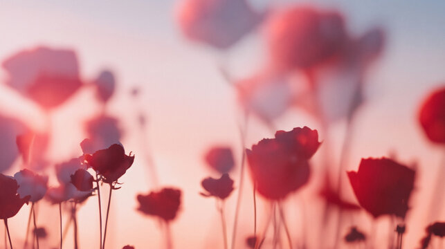 Dreamlike botanical abstraction with blurred red and pink flowers. Soft pastel sky and velvety grain evoke a poetic, emotional spring atmosphere.