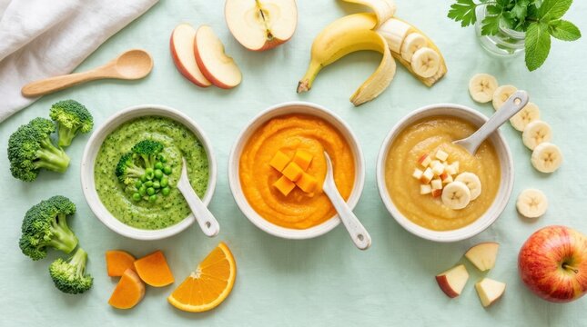 Three bowls of baby food with fresh ingredients and fruit garnishes