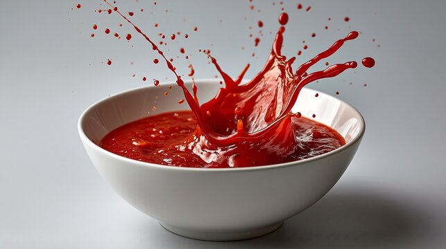 Red tomato sauce splash in white bowl isolated on light gray background