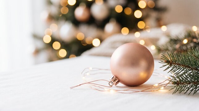 A festive christmas scene with a shimmering ornament and blurred holiday lights in the background