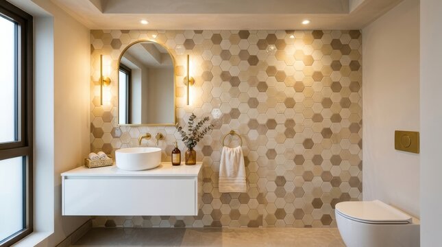 Modern bathroom design with hexagonal tiles and gold accents
