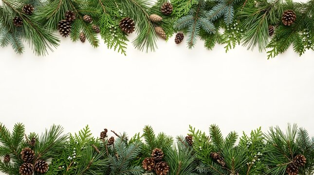 Christmas festive border made of pine branches and red berries isolated on white background copy space