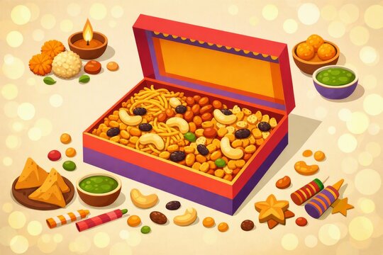 Colorful diwali snack box with sweets nuts chakli and diyas for festival background and celebration banner