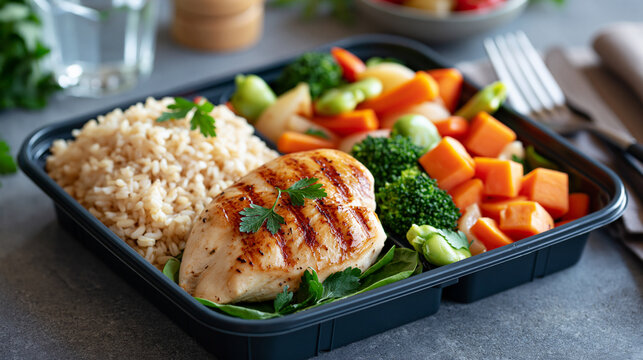 top view of a divided portion control plate with grilled chicken breast, brown rice and colorful steamed vegetables in bright even lighting, balanced nutrition concept, diet