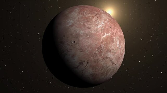 Dwarf planet Makemake rotating in deep space with distant sun and stars background