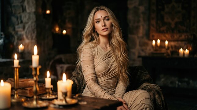 Mysterious Mummy Sorceress. Enchanting woman dressed in mummy bandages posing in a dark candlelit stone room, Halloween theme for seasonal creative projects.