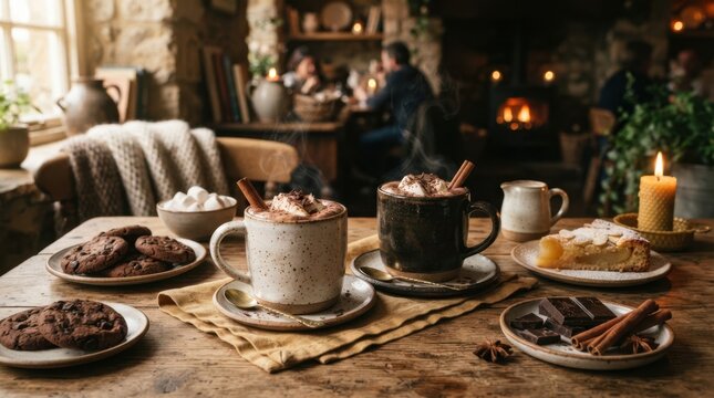 Cozy winter scene with hot chocolate, cookies, and cake by a fireplace