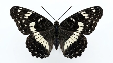 Fototapeta premium Detailed view of a black and white butterfly with intricate patterns on a white background