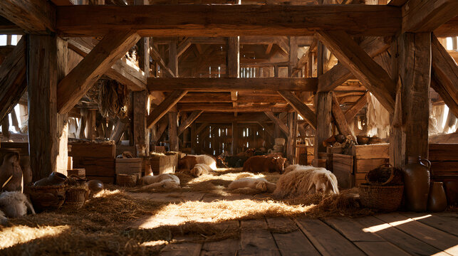 Rustic wooden barn interior with livestock resting on straw in warm golden sunlight