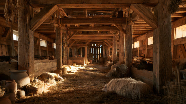 Interior view of a rustic wooden barn with straw on the floor and sheep resting in stalls
